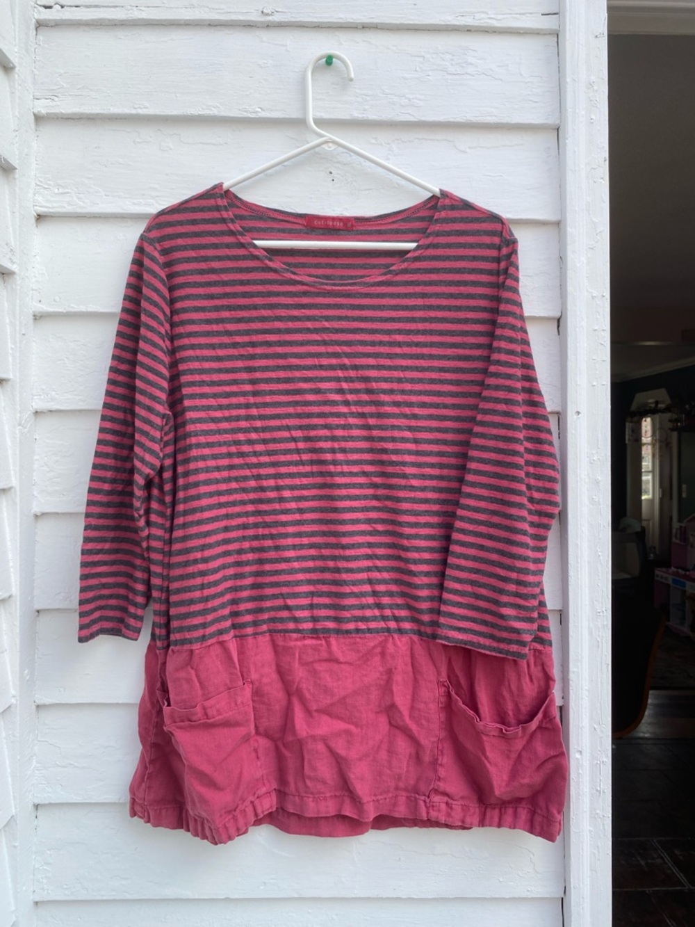 cut loose Pink and Gray Striped Scoop Neck Top with Contrasting Linen Bottom